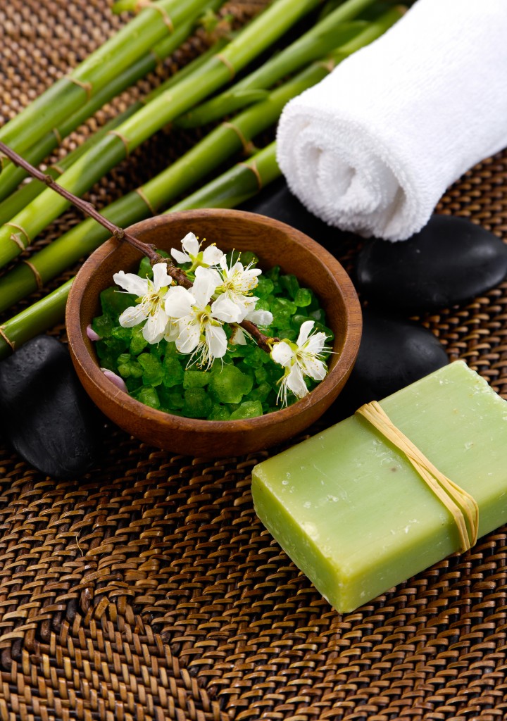 salt in bowl with grove, soap ,towel in spa setting