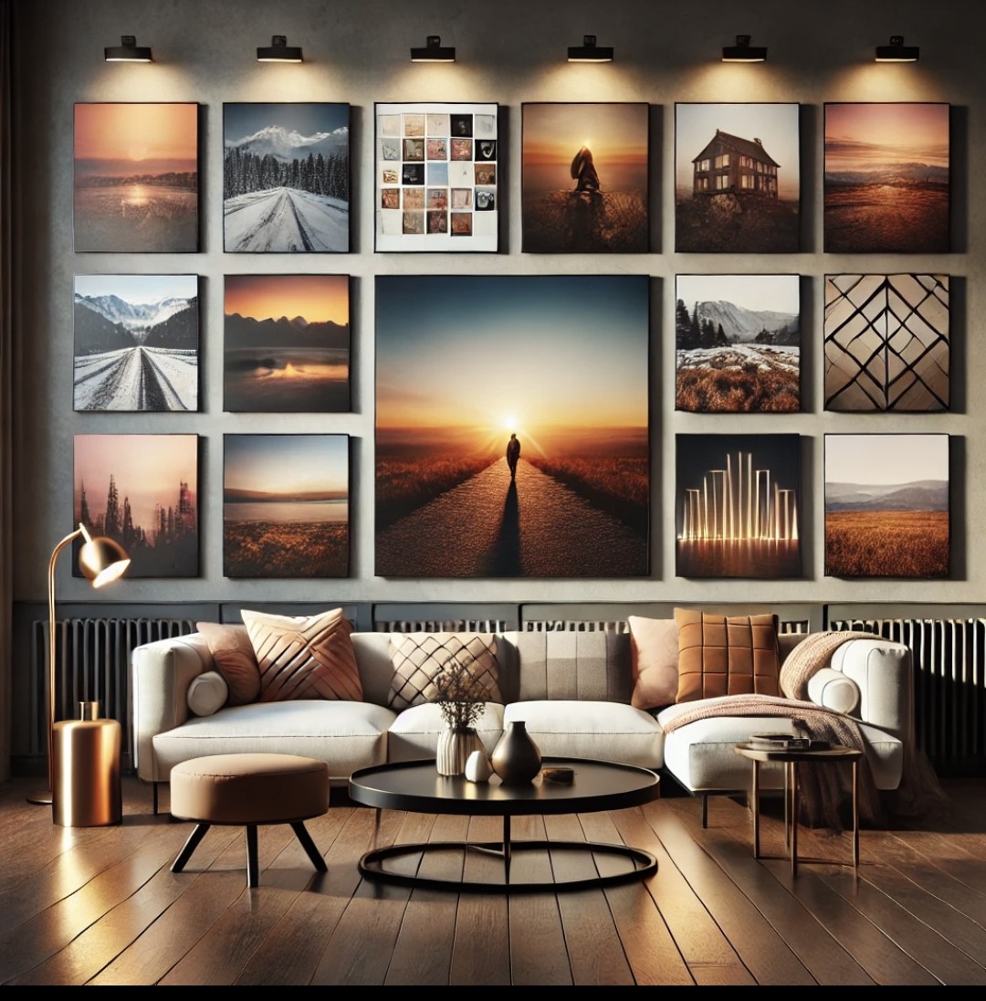 Moderný interiér s terasou a veľkou rodinnou fotografiou na plátne zavesenou na stene.