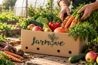 Čerstvé BIO ovocie a zelenina vystavené na farmárskom trhu vrátane jabĺk, mrkvy, paradajok a listovej zeleniny.